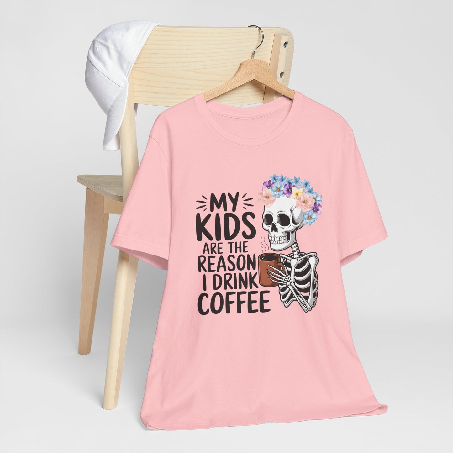 Floral Skeleton Mom Tee Funny Mom Life Graphic My Kids Are The Reason I Drink Coffee Colorful Flower Crown Skull T-Shirt