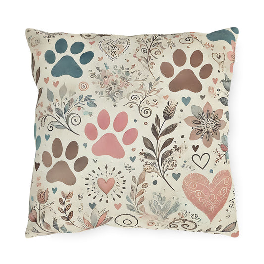 Paw Print Cozy Outdoor Pillows with Floral Design, Garden Decor, Dog Lover Gift, Patio Cushion, Animal Lover Home Decor