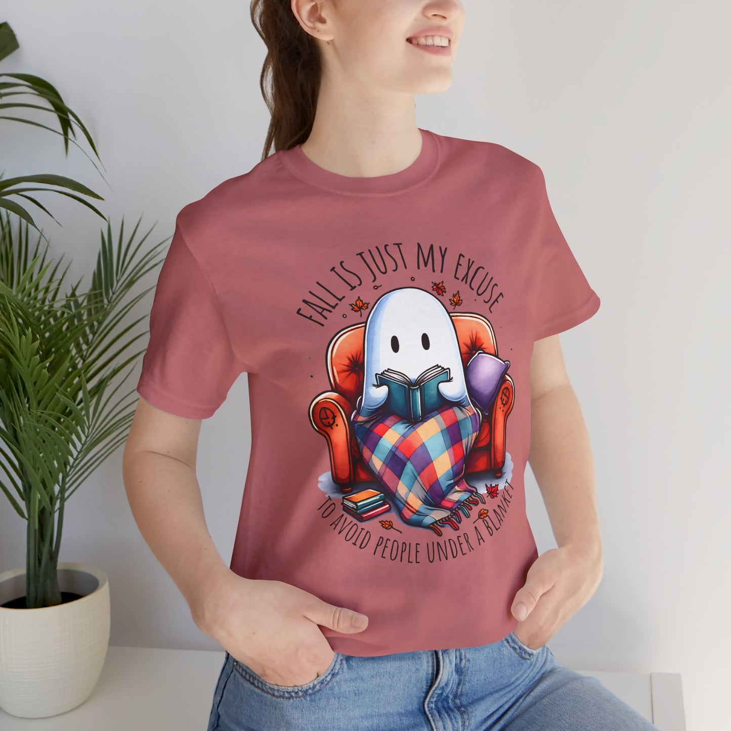 Fall is Just My Excuse to Avoid People T-Shirt Cozy Ghost Fall Tee, Perfect for Fall Nights, Halloween Spirit, Relaxing Home Vibes, Unisex Tee, Gift for Book Lovers, Ghost Lovers