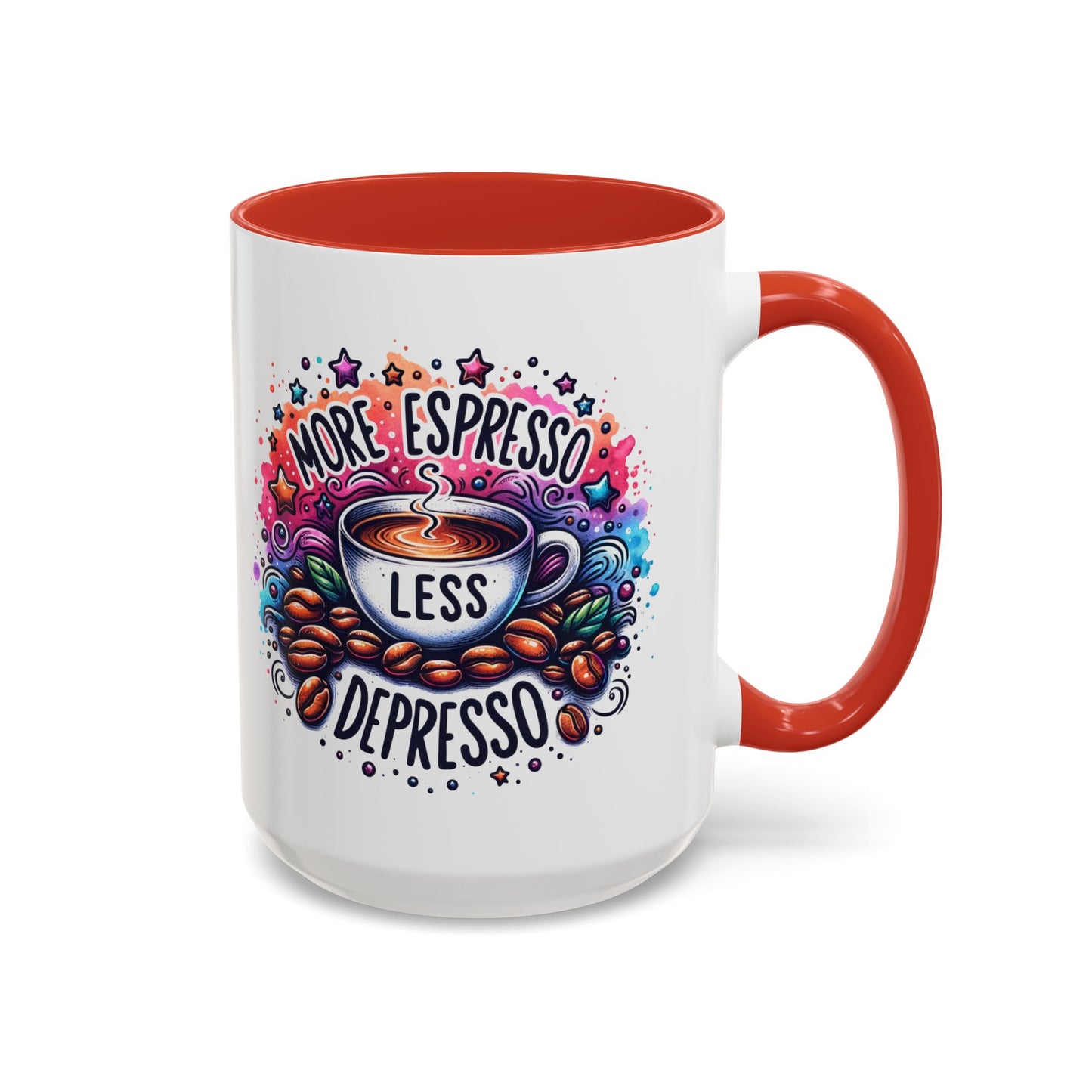 Cute Coffee Mug More Expresso Less Depresso 11 oz and 15 oz Mug with Accent Colors