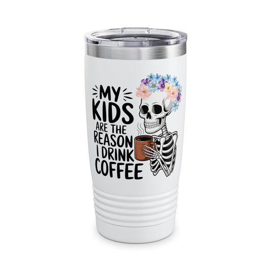 Floral Skeleton Mom Tumbler 20 oz Funny Mom Life Cup Graphic My Kids Are The Reason I Drink Coffee Colorful Flower Crown Skull Coffee Cup