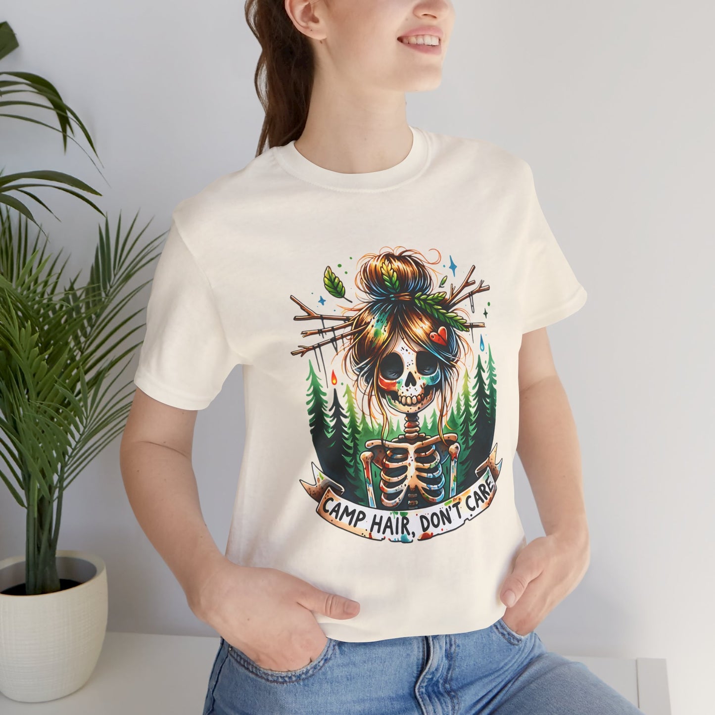 Camp Hair Don't Care Skull T-Shirt, Casual Summer Shirt, Hiking Apparel, Outdoor Fun Gift, Festival Top, Unisex Graphic Tee