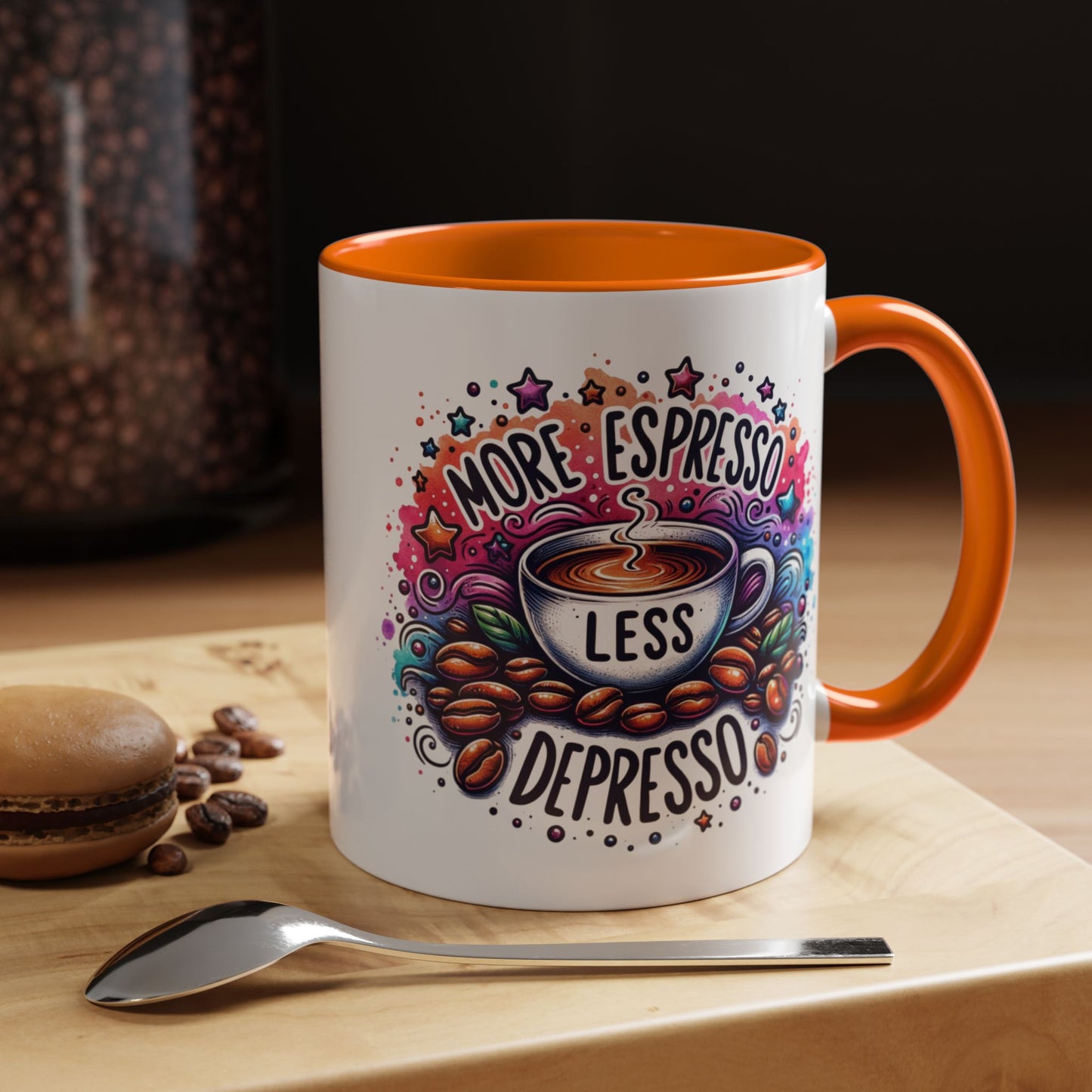 Cute Coffee Mug More Expresso Less Depresso 11 oz and 15 oz Mug with Accent Colors