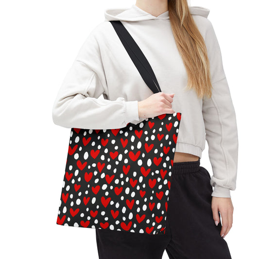 Heart Pattern Tote Bag – Red & White Hearts on Black All-Over Print