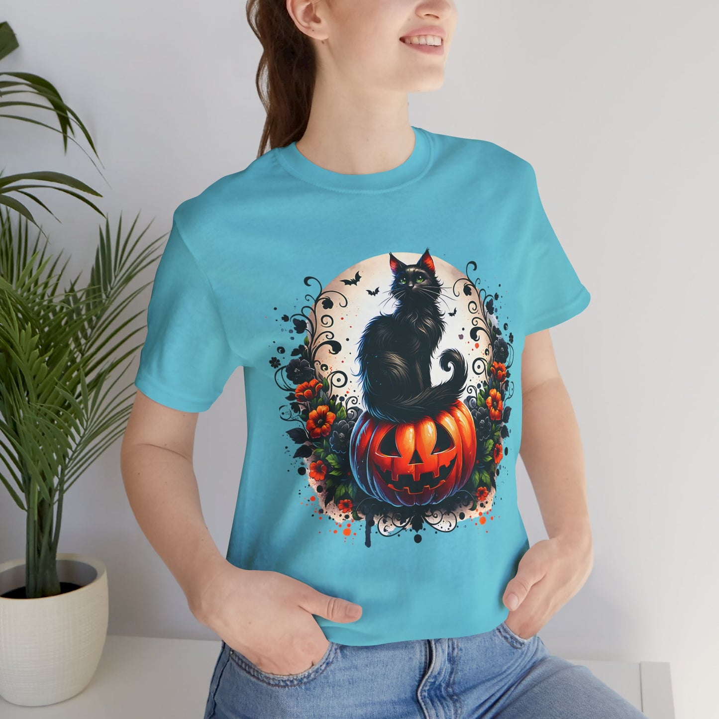 Halloween Black Cat T-Shirt, Unisex Jersey Short Sleeve Shirt, Spooky Fall Fashion, Cat Lover Gift, Autumn Celebrations, Halloween Shirt