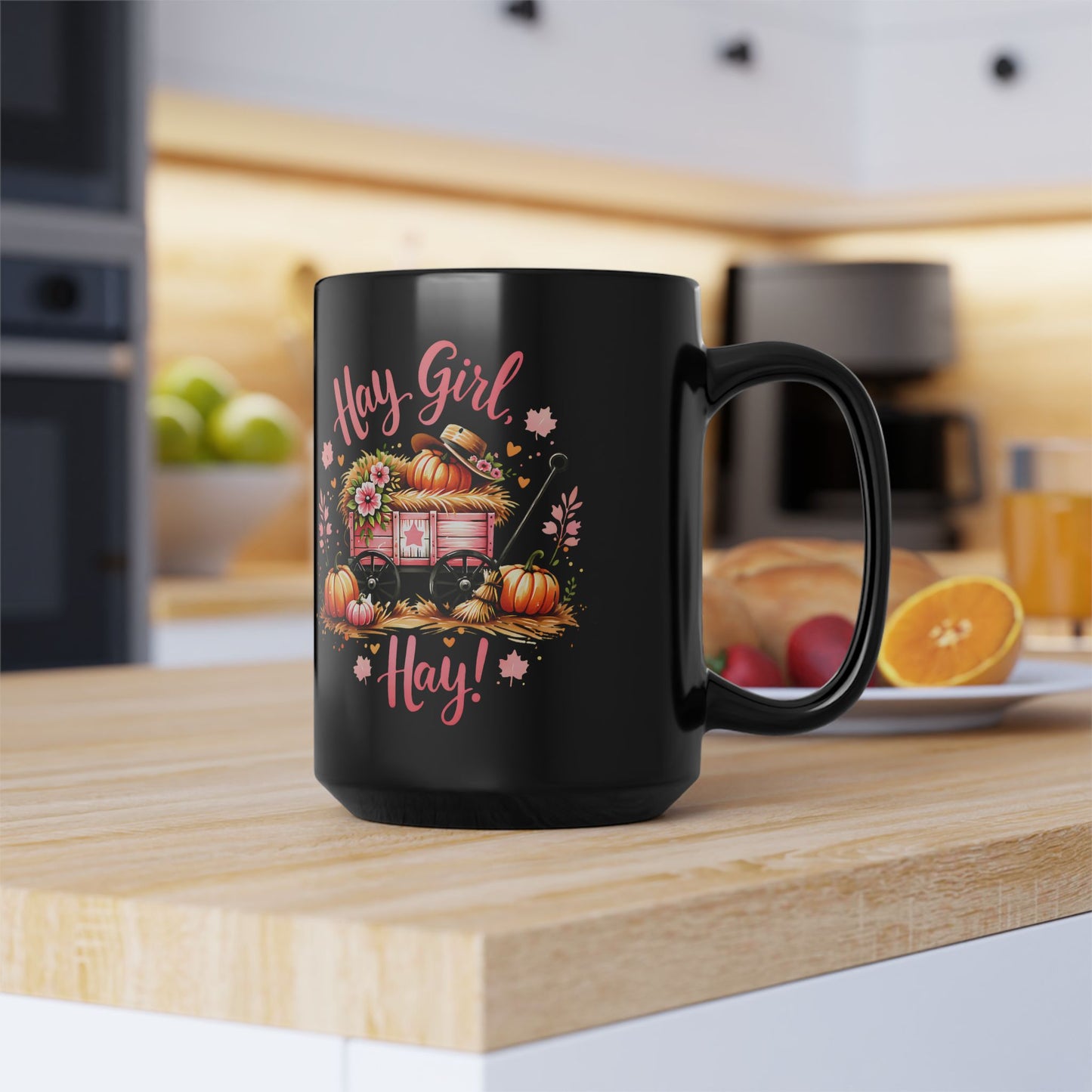 Hay Girl Hay Black 15 oz Mug Fall Harvest Black Mug for Coffee Lovers Perfect Gift for Autumn Gatherings Halloween Thanksgiving