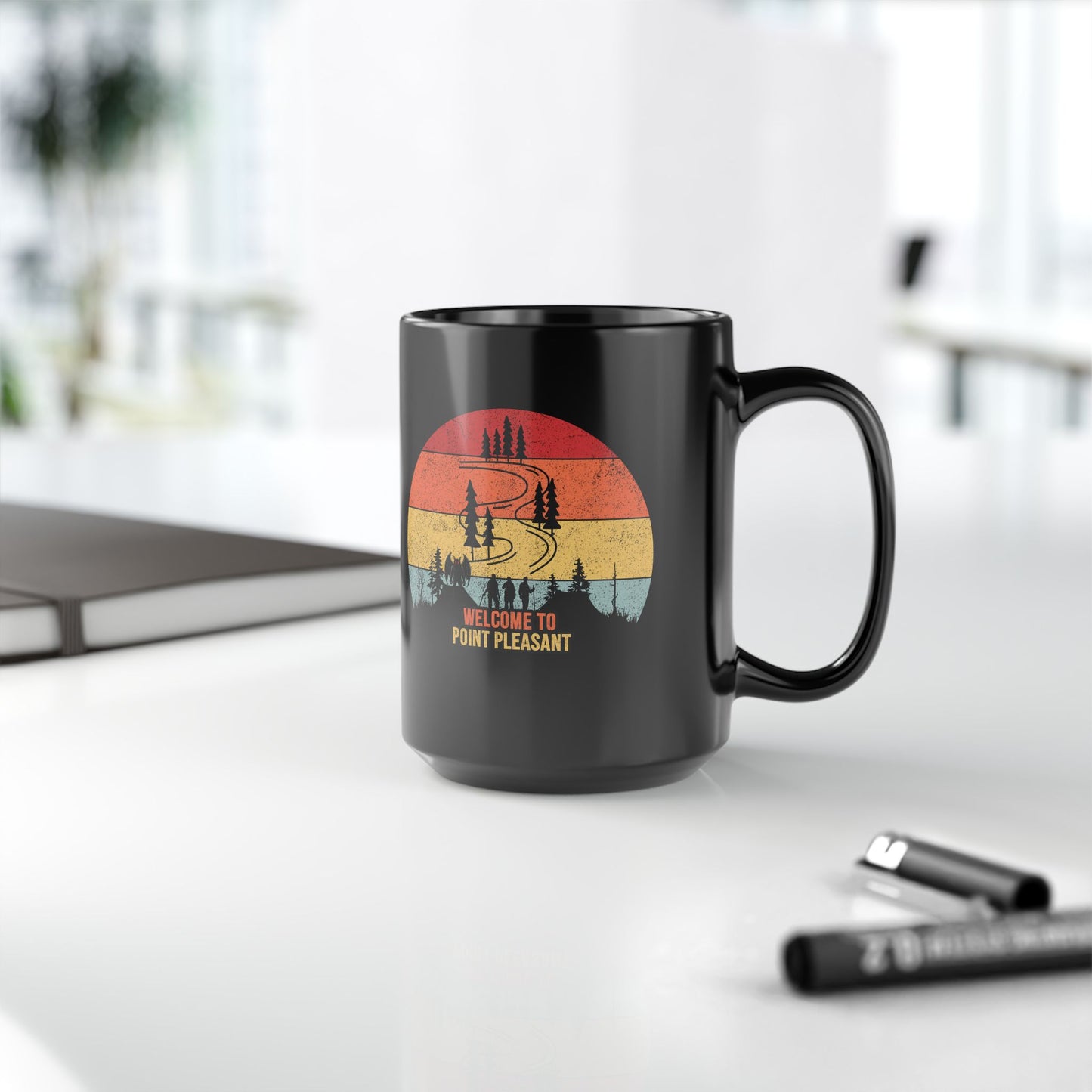Welcome to Point Pleasant Vintage Black 15oz Mug Retro Coffee Cup Gift for Locals and Tourists Travel Souvenir Camper's Beverage Holder