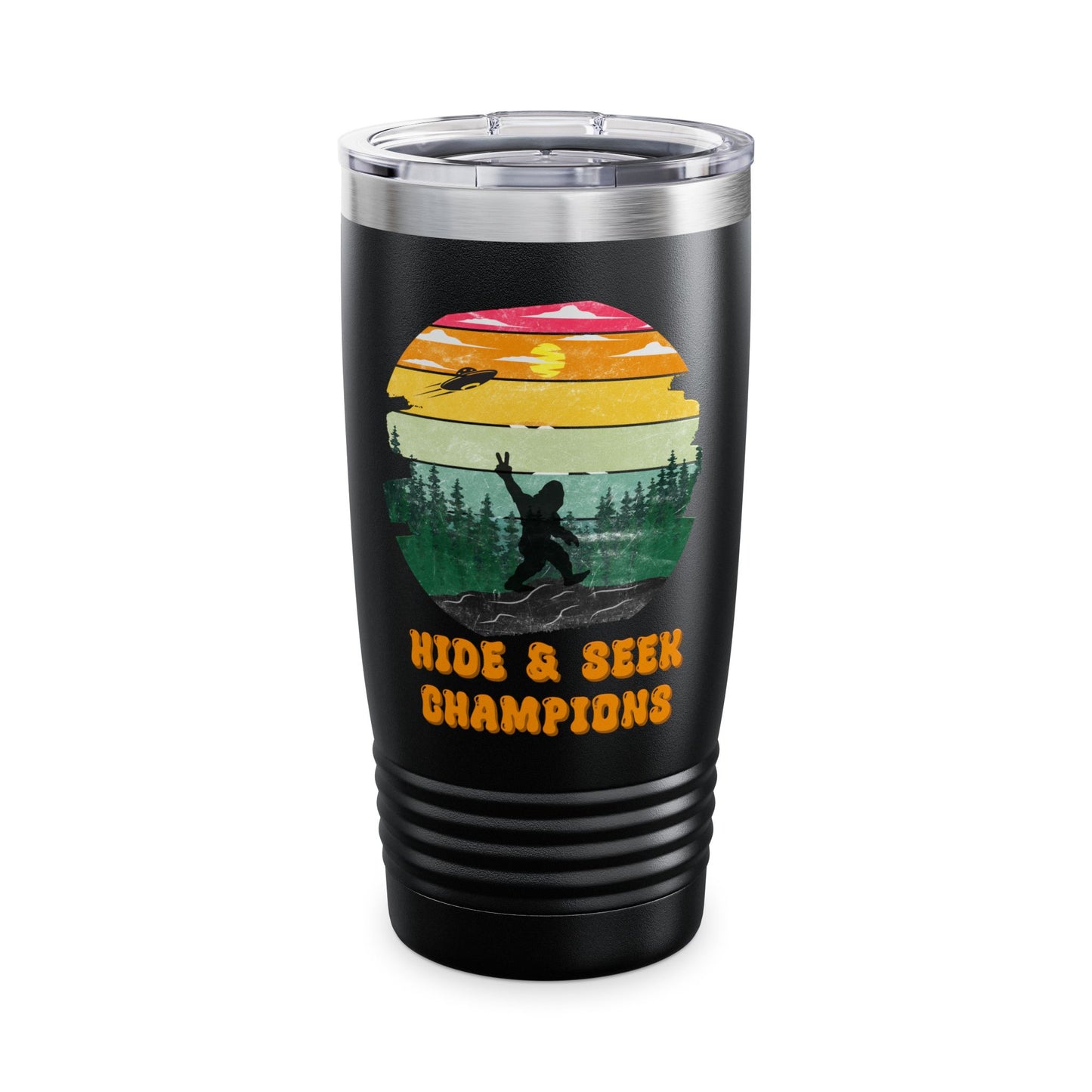 Retro Bigfoot 20 oz Tumbler Funny Hide and Seek Champion Graphic Steele Tumbler Sasquatch Silhouette Sunset Forest Cup Vintage Cryptid Lover Gift