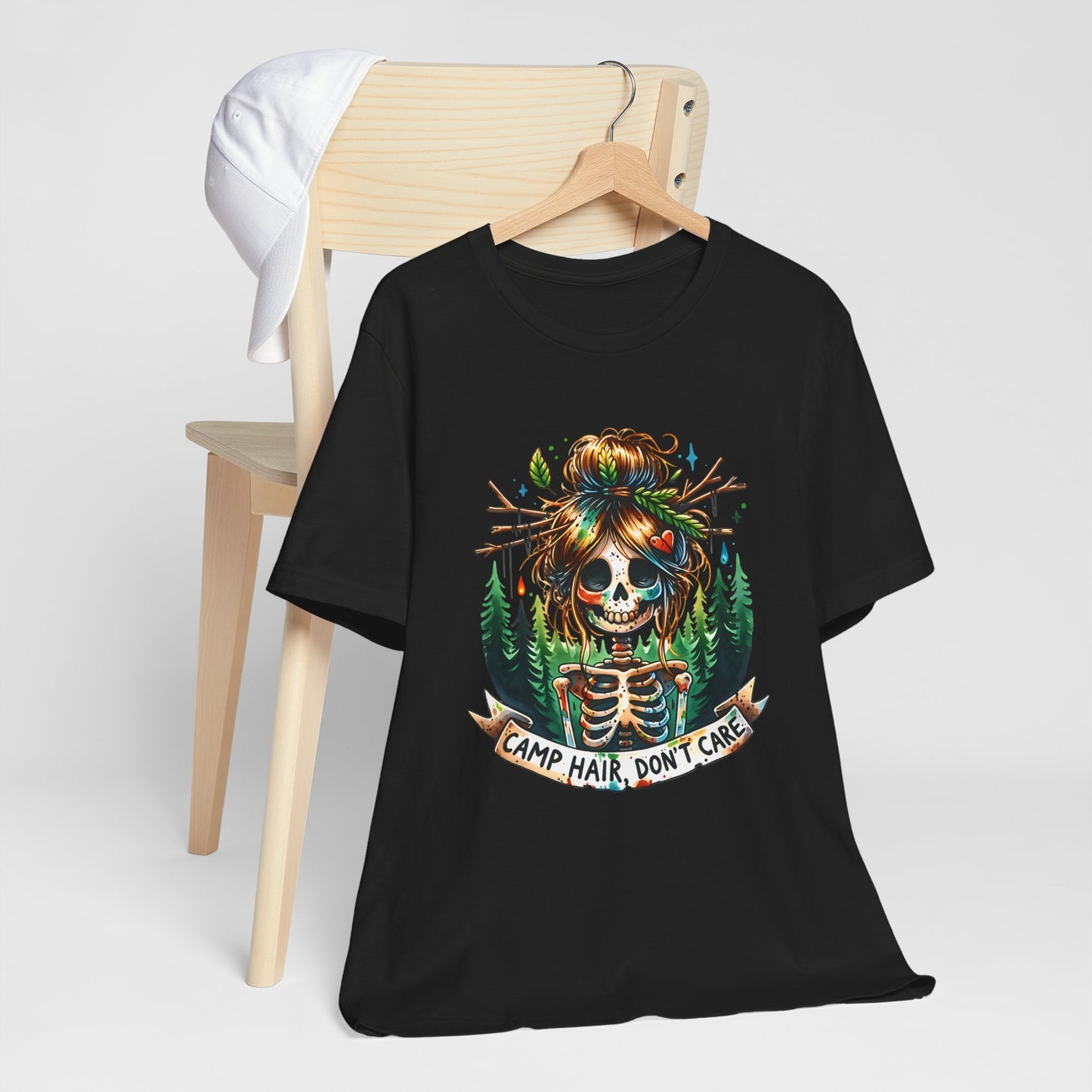 Camp Hair Don't Care Skull T-Shirt, Casual Summer Shirt, Hiking Apparel, Outdoor Fun Gift, Festival Top, Unisex Graphic Tee