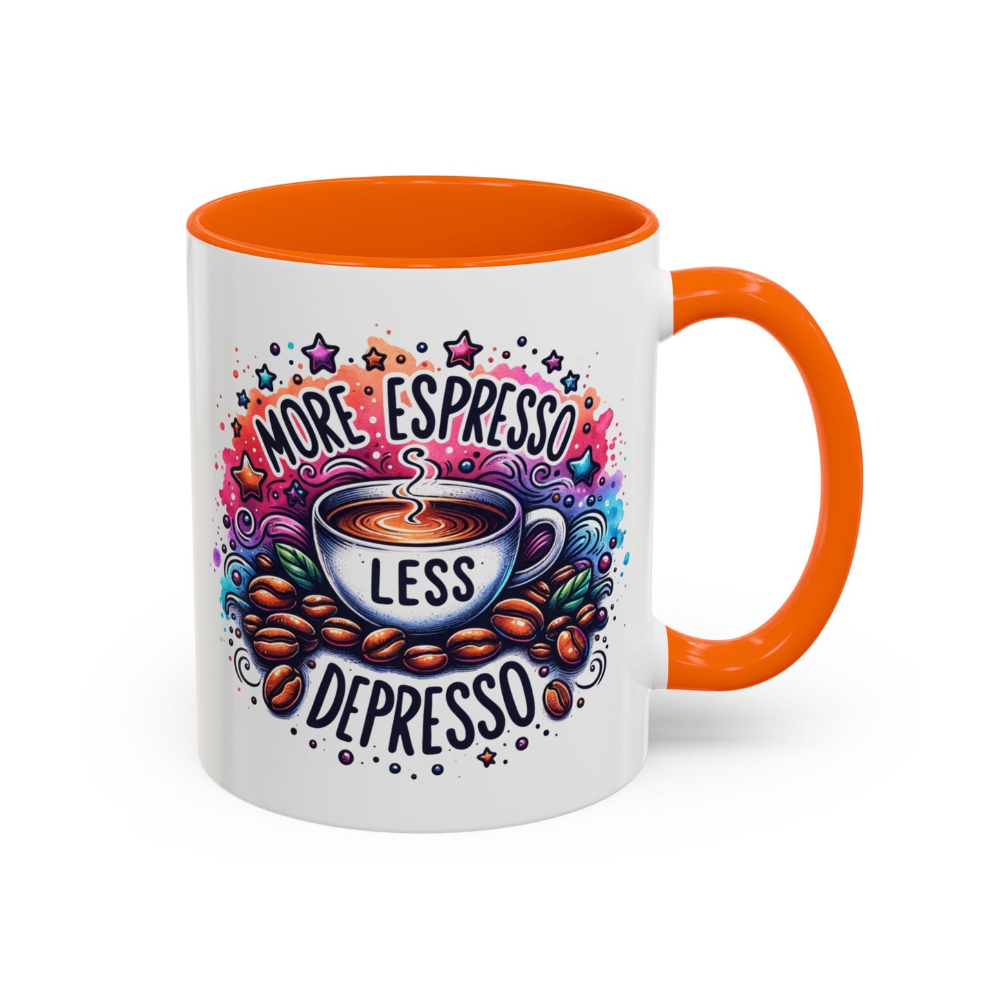 Cute Coffee Mug More Expresso Less Depresso 11 oz and 15 oz Mug with Accent Colors
