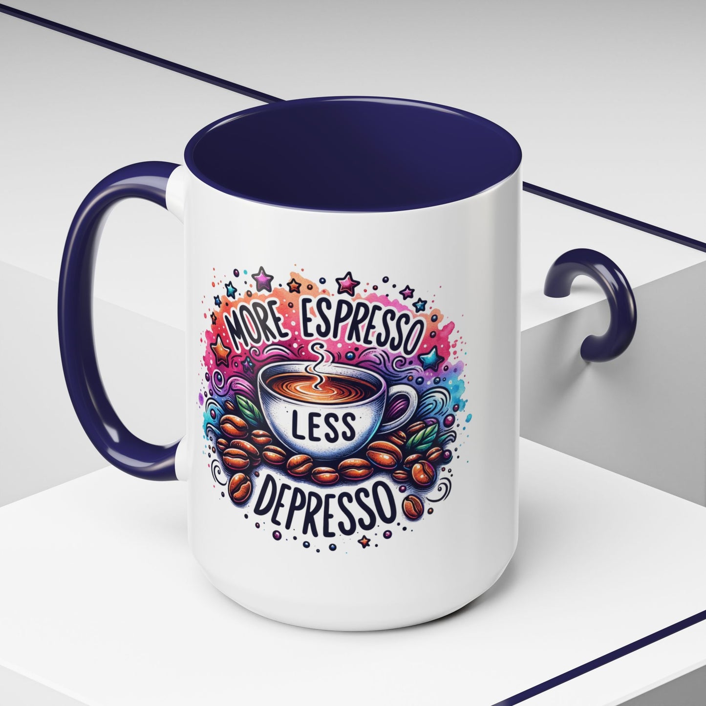 Cute Coffee Mug More Expresso Less Depresso 11 oz and 15 oz Mug with Accent Colors