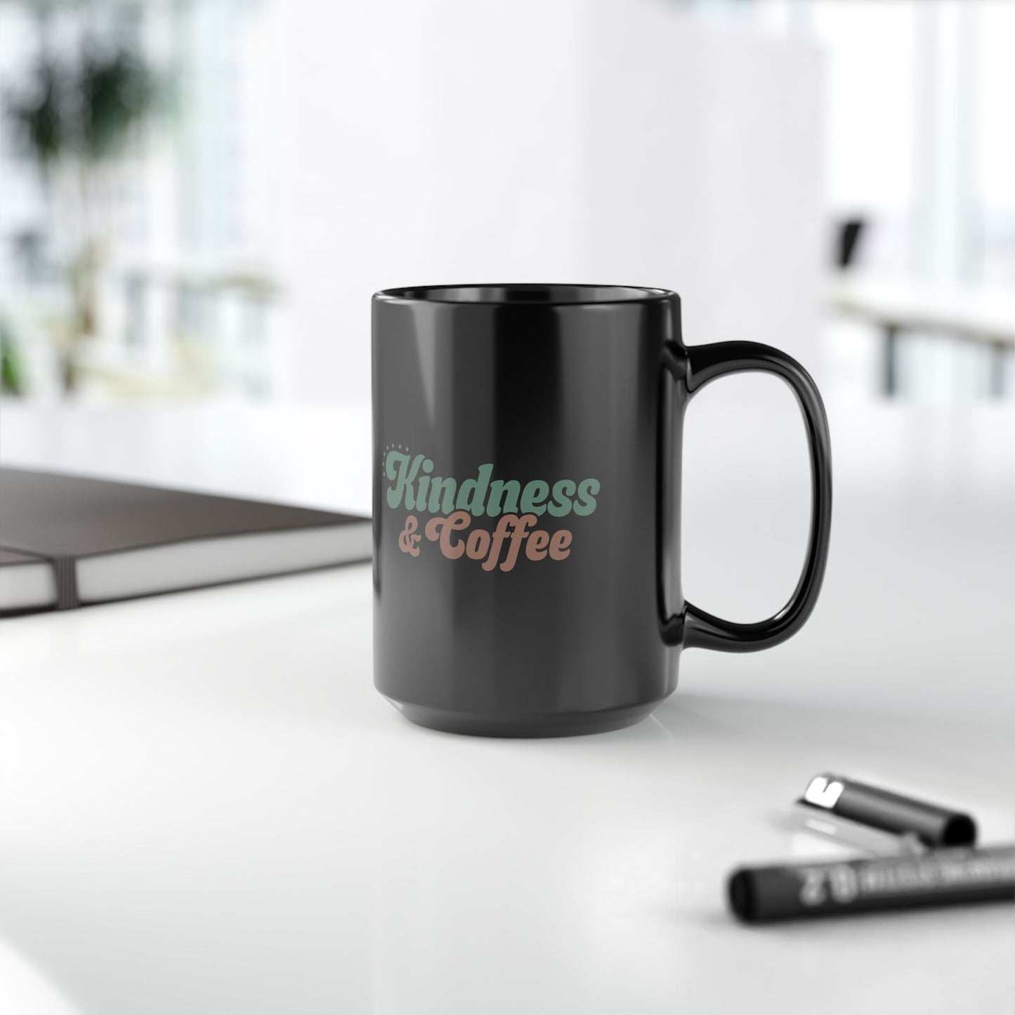 Cute Coffee Mug Kindness and Coffee Black Mug 15 oz