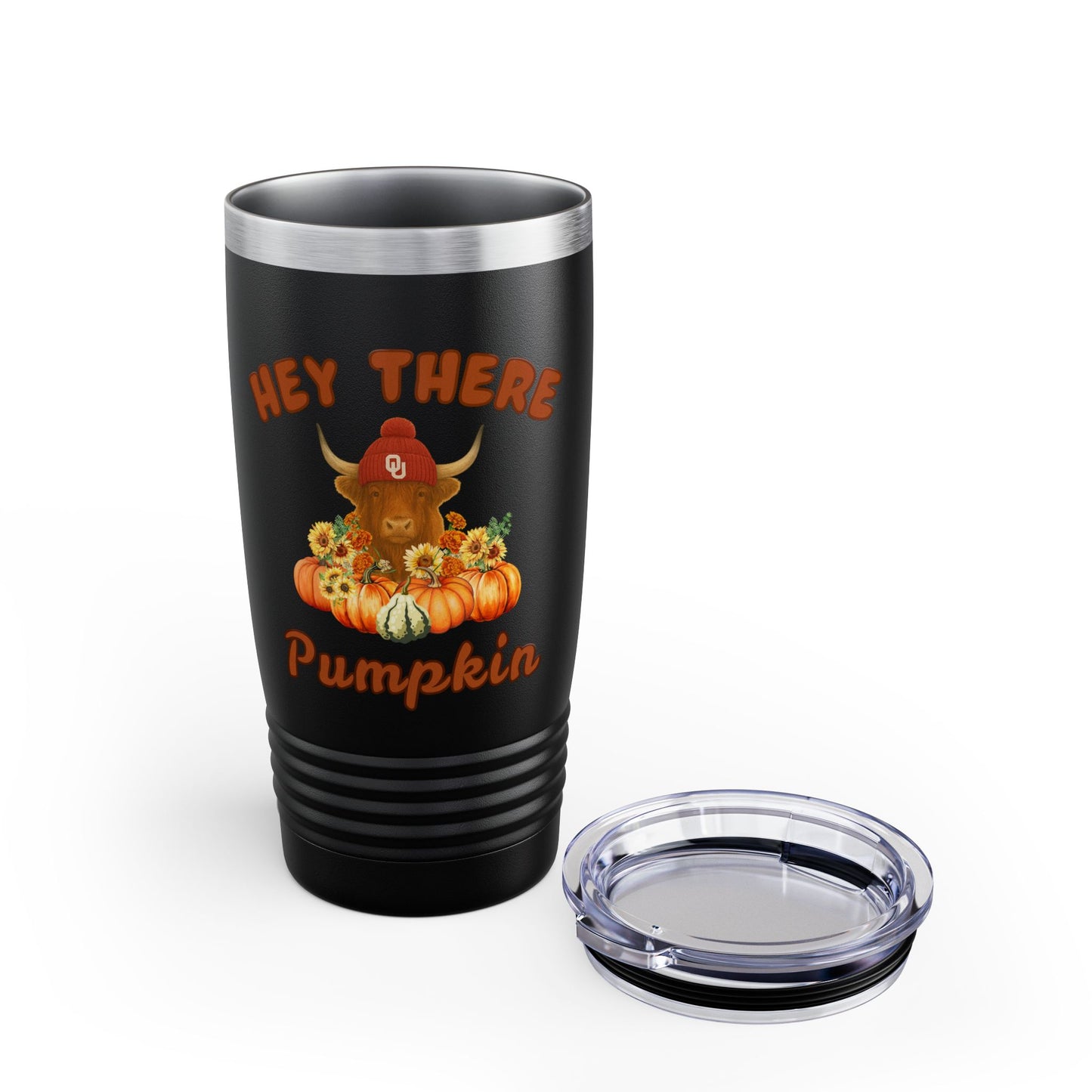 Highland Cow Sooner Fan Tumbler 20oz Hey There Pumpkin, Fall Travel Mug, Halloween Drinkware, Seasonal Coffee Cup, Pumpkin Spice Lover's Gift