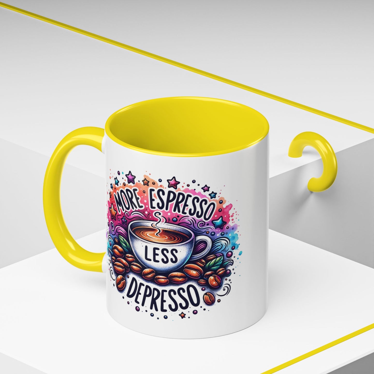 Cute Coffee Mug More Expresso Less Depresso 11 oz and 15 oz Mug with Accent Colors