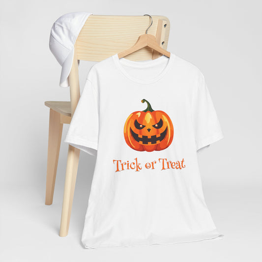Trick or Treat Halloween Pumpkin Tee Unisex Tee Festive T-Shirt Fall Apparel Spooky Season Shirt Funny Halloween Gift