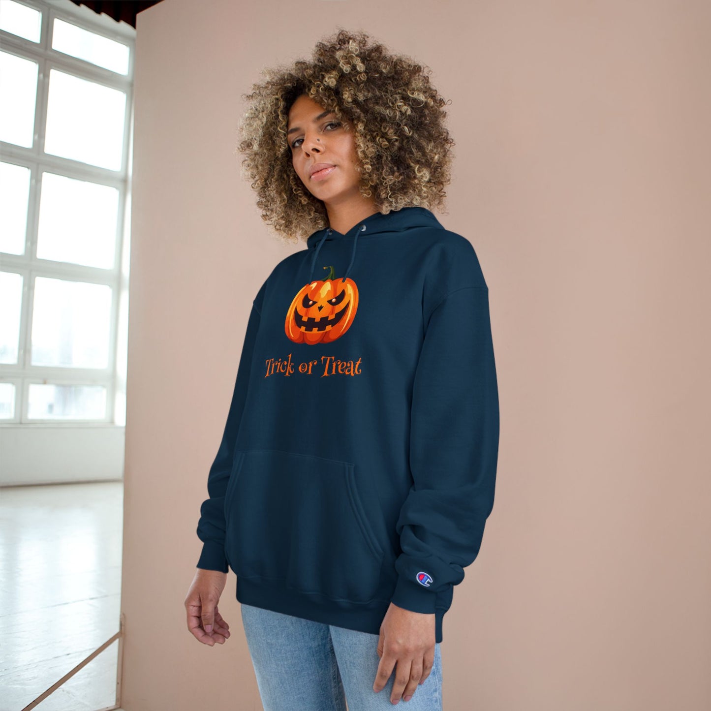 Trick or Treat Halloween Pumpkin Champion Hoodie, Trick or Treat Sweatshirt, Fall Fashion, Cozy Layering, Halloween Costume, Spooky Season