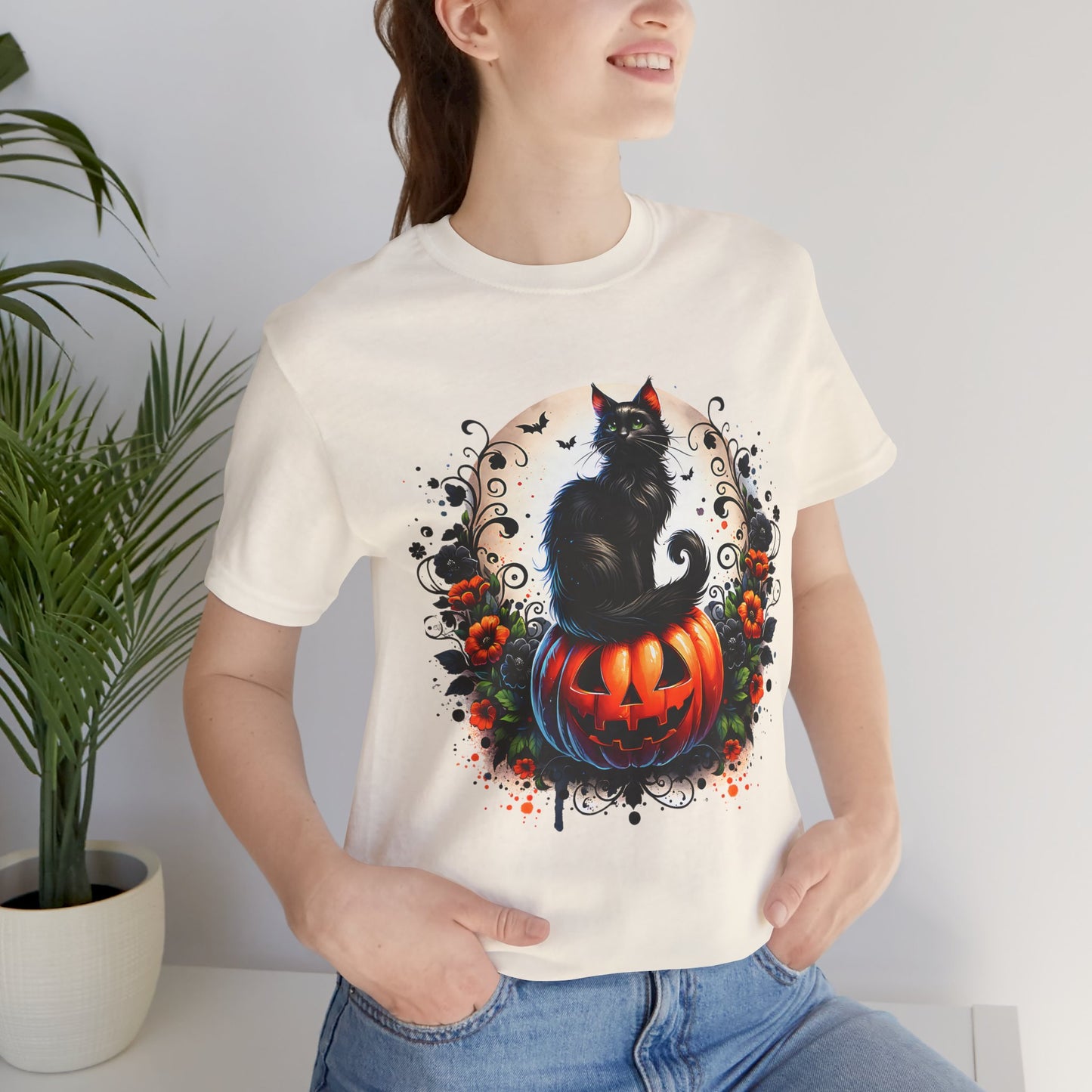 Halloween Black Cat T-Shirt, Unisex Jersey Short Sleeve Shirt, Spooky Fall Fashion, Cat Lover Gift, Autumn Celebrations, Halloween Shirt