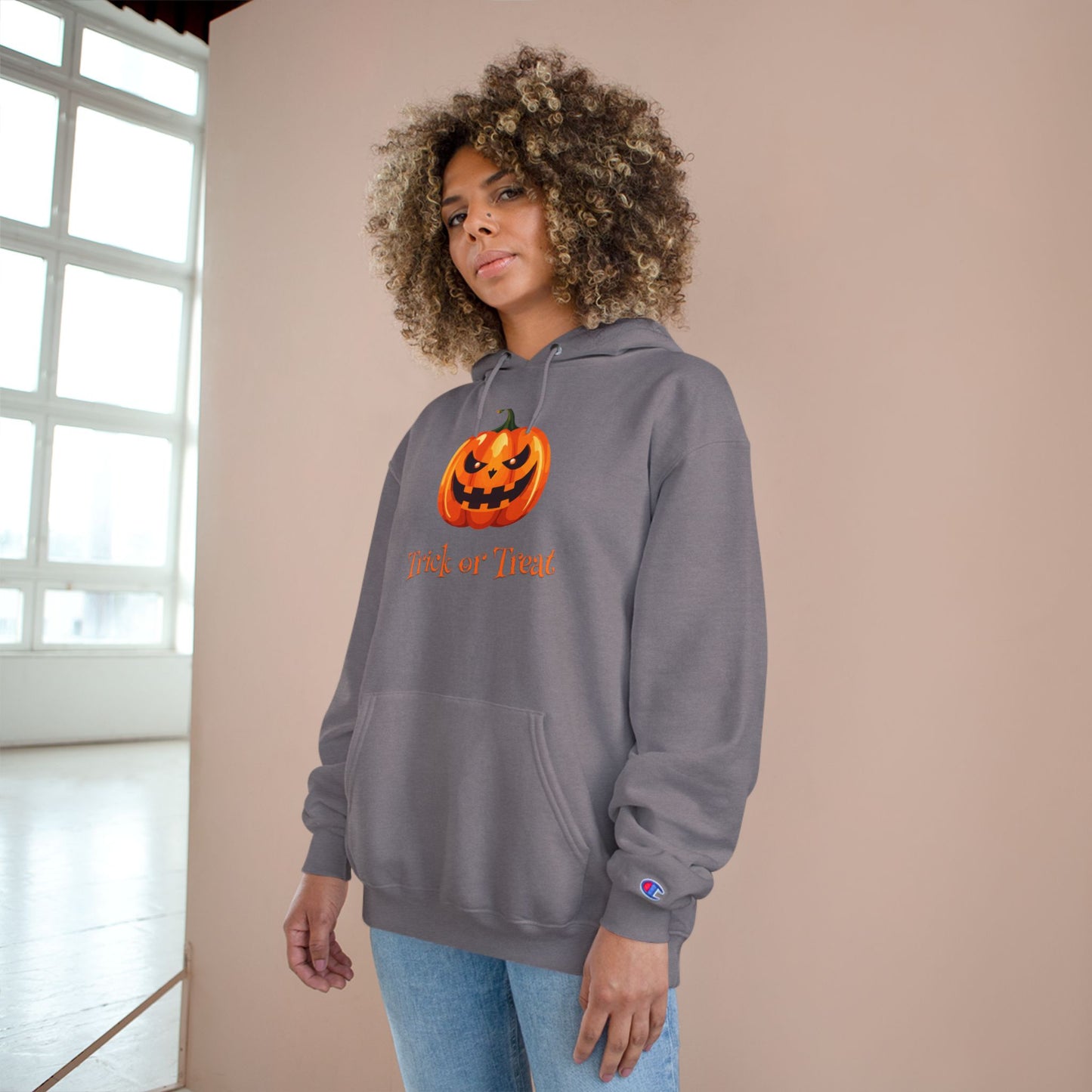 Trick or Treat Halloween Pumpkin Champion Hoodie, Trick or Treat Sweatshirt, Fall Fashion, Cozy Layering, Halloween Costume, Spooky Season