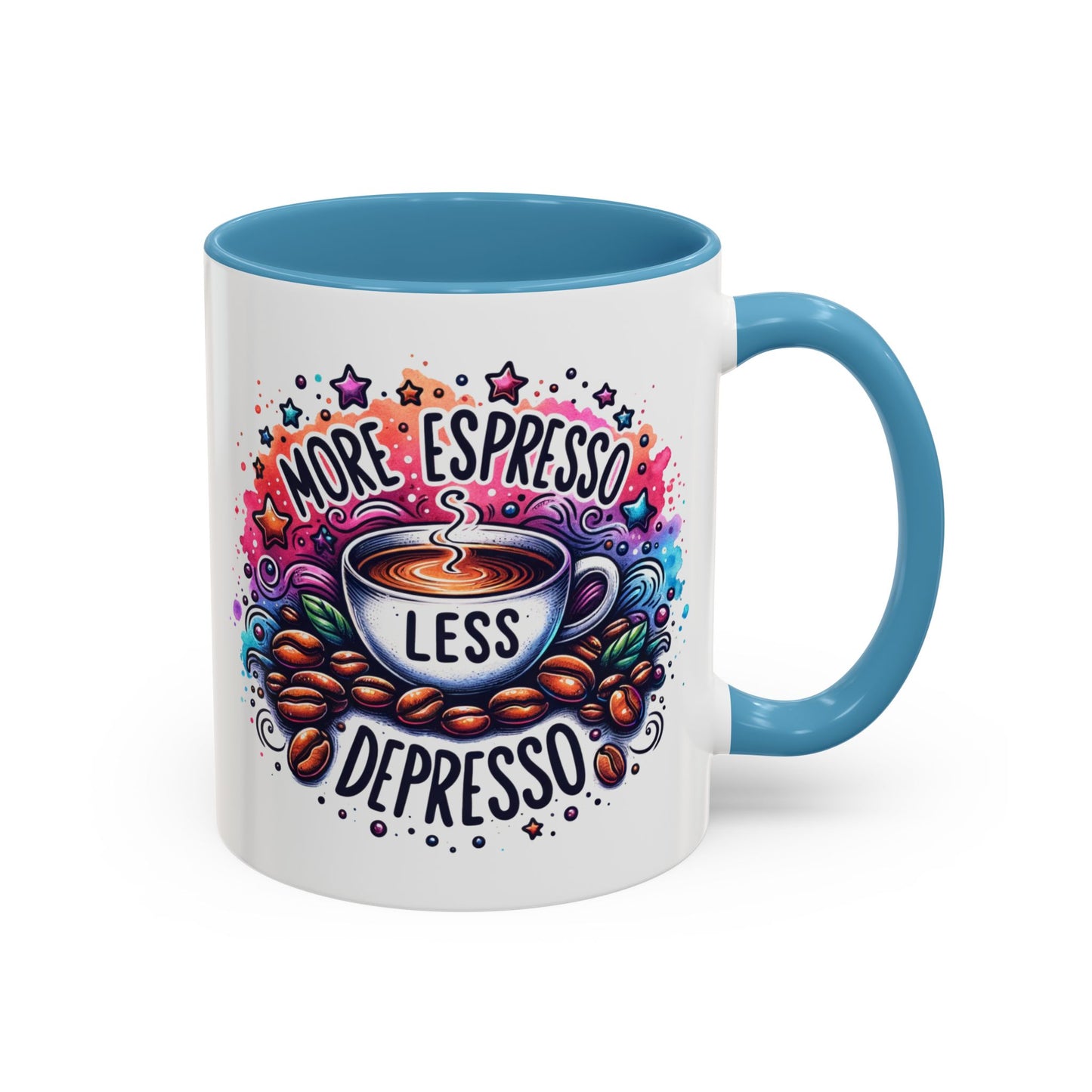 Cute Coffee Mug More Expresso Less Depresso 11 oz and 15 oz Mug with Accent Colors