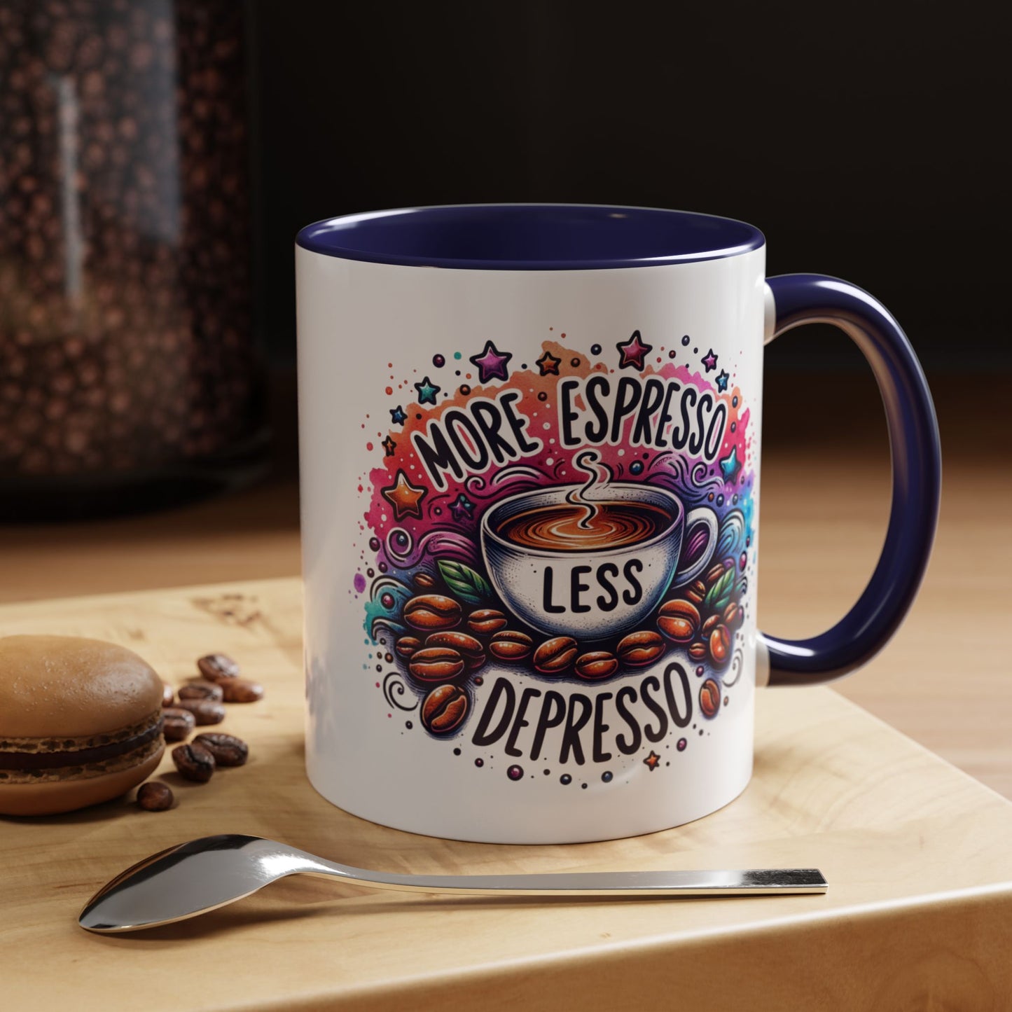 Cute Coffee Mug More Expresso Less Depresso 11 oz and 15 oz Mug with Accent Colors