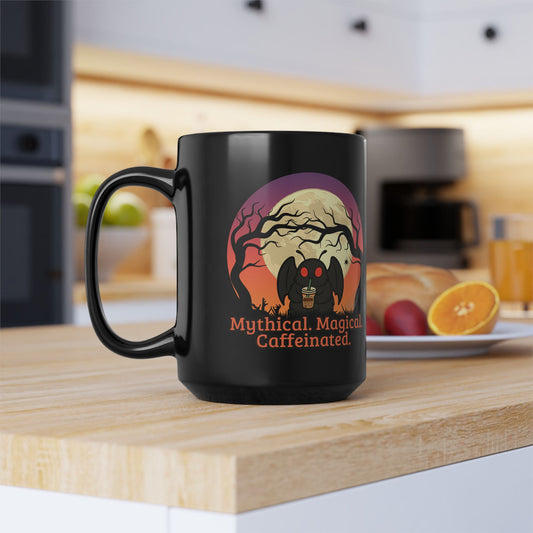 Cute Mothman Mythical Magical Caffeinated 15oz Black Mug Cryptid Halloween Gift Witchy Drinkware Spooky Kitchen Decor