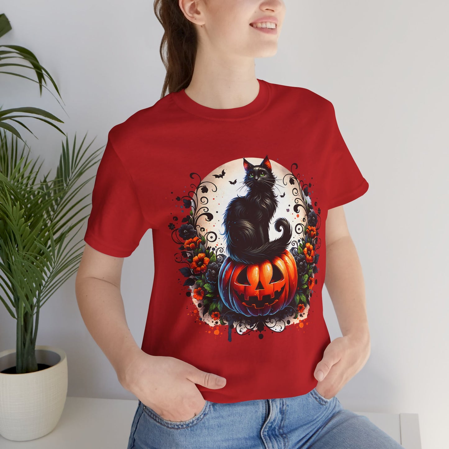 Halloween Black Cat T-Shirt, Unisex Jersey Short Sleeve Shirt, Spooky Fall Fashion, Cat Lover Gift, Autumn Celebrations, Halloween Shirt