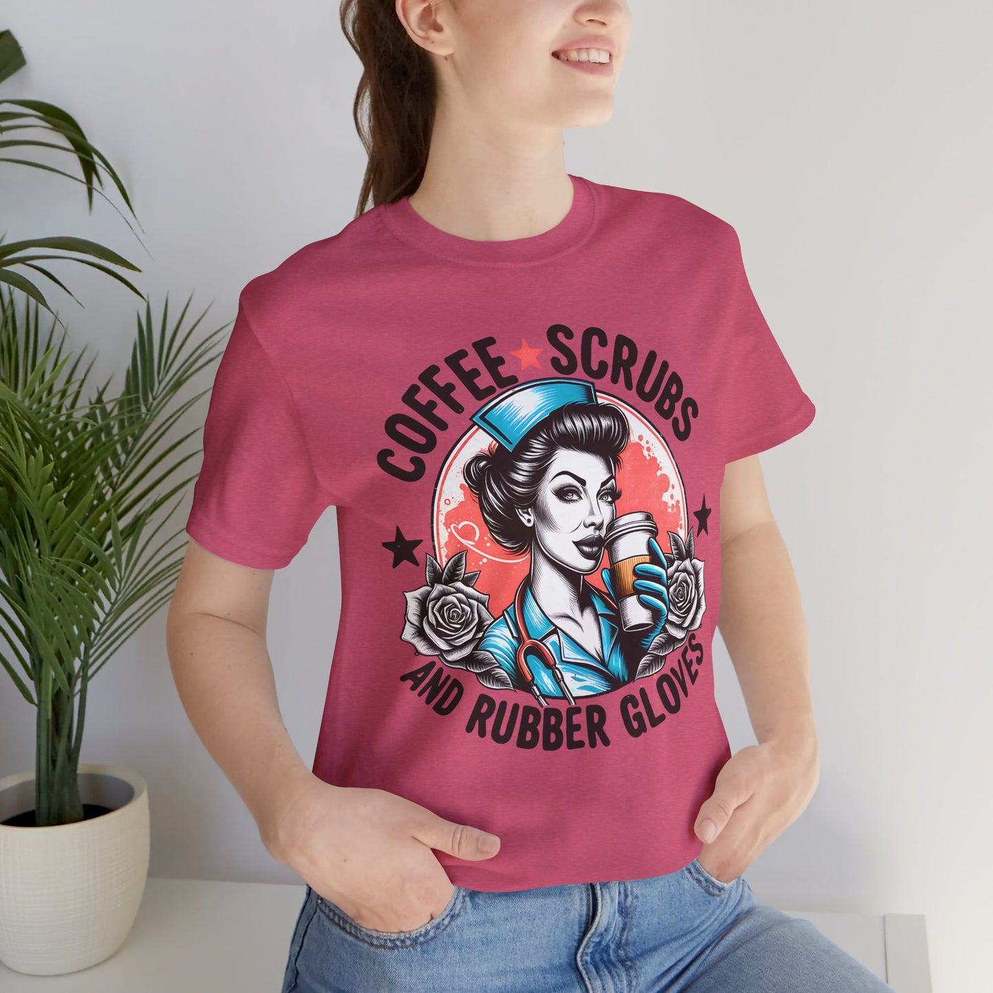 Coffee Scrubs and Rubber Gloves Bella Canvas Tee Fun Medical Profession Shirt, Gift for Nurses, Healthcare Workers, Birthday, Medical Humor