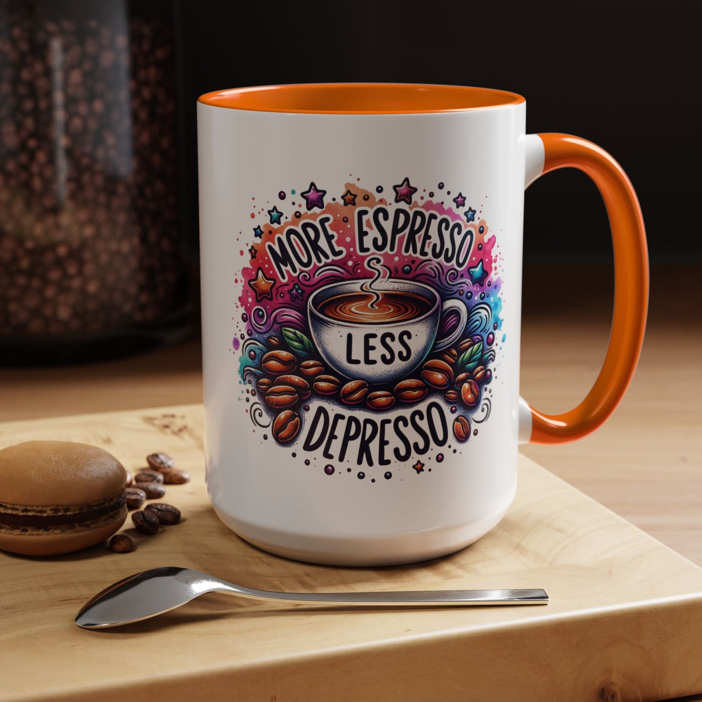 Cute Coffee Mug More Expresso Less Depresso 11 oz and 15 oz Mug with Accent Colors