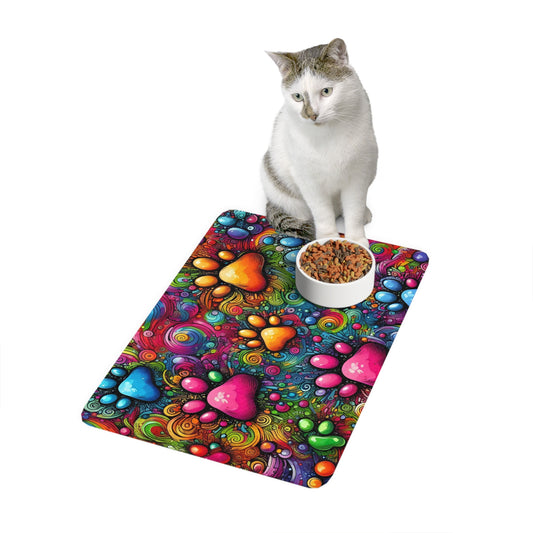 Colorful Paw Print Pet Food Mat — Non-Slip 12x18 Feeding Mat