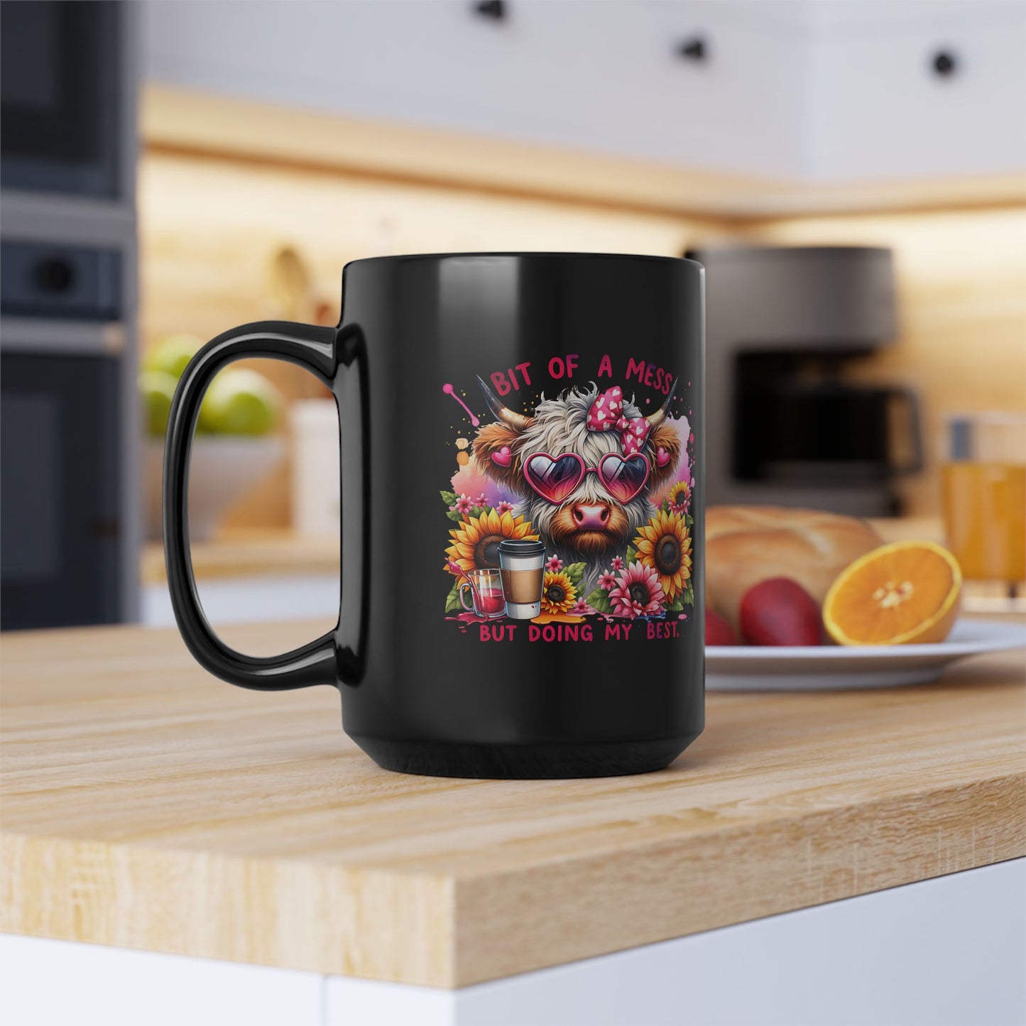 Highland Cow Cute Coffee Mug Bit of a Mess but Doing My Best Highland Cow 15 oz Black Coffee Mug