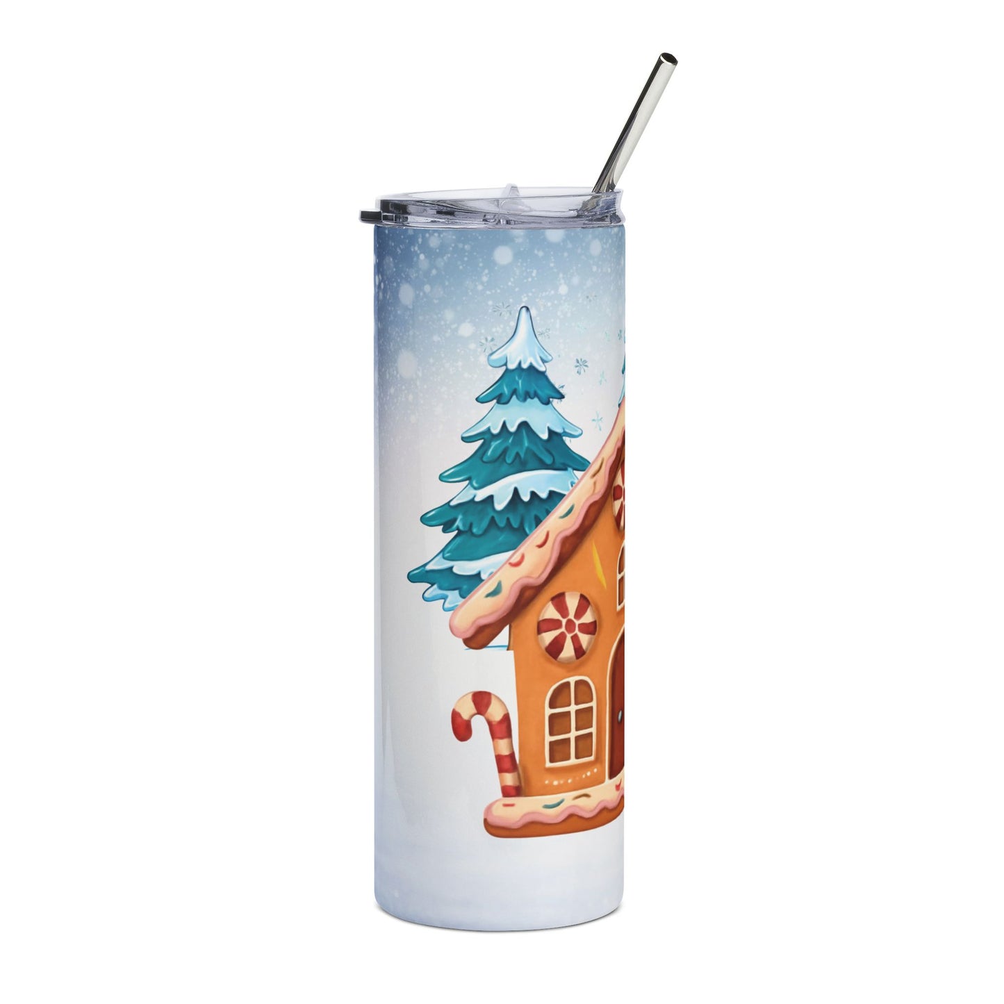Gingerbread House Snowman Stainless Steel Tumbler - Winter Holiday Travel Cup