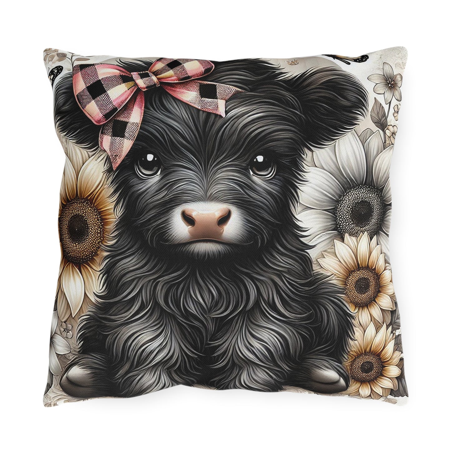 Highland Cow Outdoor Pillow — Cute Cow with Plaid Bow & Sunflowers