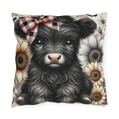 Highland Cow Outdoor Pillow — Cute Cow with Plaid Bow & Sunflowers