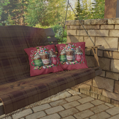 Christmas Hot Cocoa Indoor - Outdoor Pillow — "Let It Snow" Festive Mug Trio