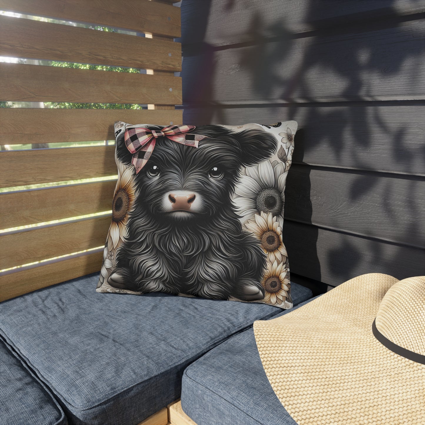 Highland Cow Outdoor Pillow — Cute Cow with Plaid Bow & Sunflowers