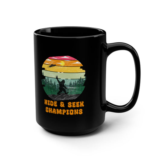 Retro Bigfoot Mug Funny Hide and Seek Champion Graphic 15 oz Sasquatch Silhouette Sunset Forest Cup Vintage Cryptid Lover Gift