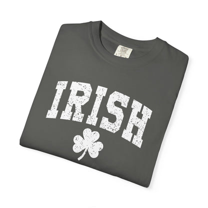 Irish Shamrock T-Shirt — Vintage Green 'IRISH' College Tee for St. Patrick's Day