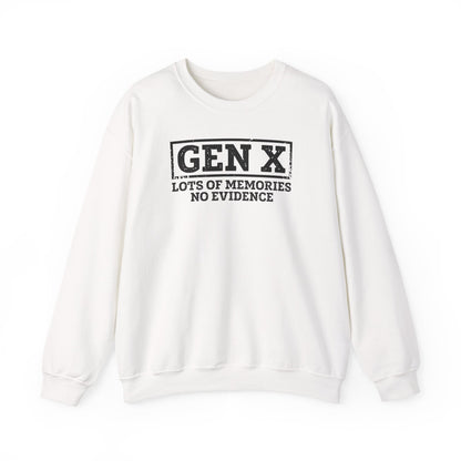 Gen X Crewneck Sweatshirt - "Lots of Memories, No Evidence" Vintage Retro Tee for 40s-50s