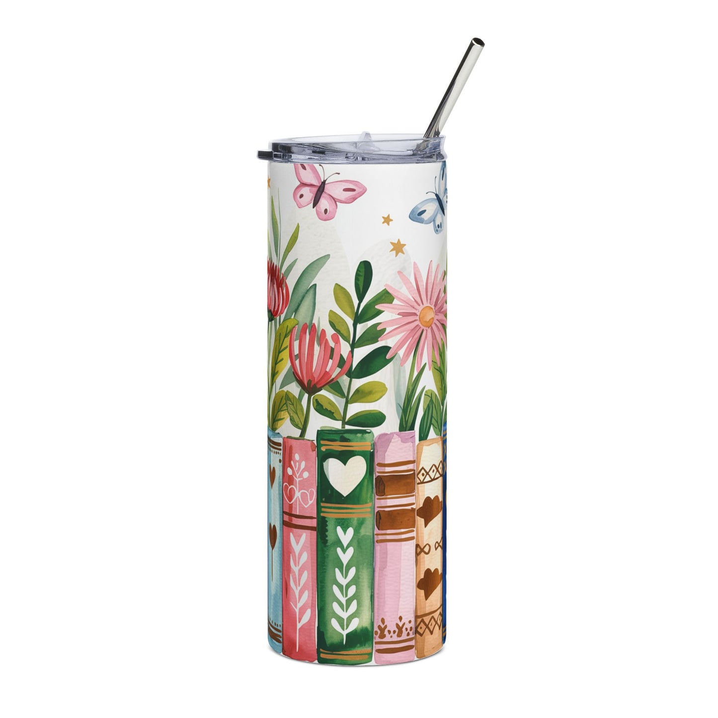 Floral Book-Style 20oz Stainless Steel Tumbler Travel Mug with Lid and Straw