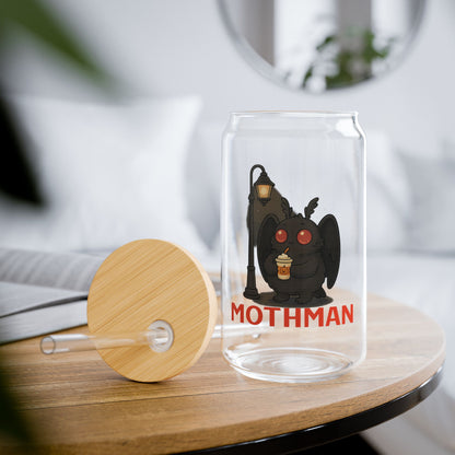 Mothman Sipper Glass Tumbler 16oz With Lid and Straw Cryptid Paranormal Gift