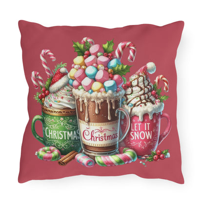 Christmas Hot Cocoa Indoor - Outdoor Pillow — "Let It Snow" Festive Mug Trio