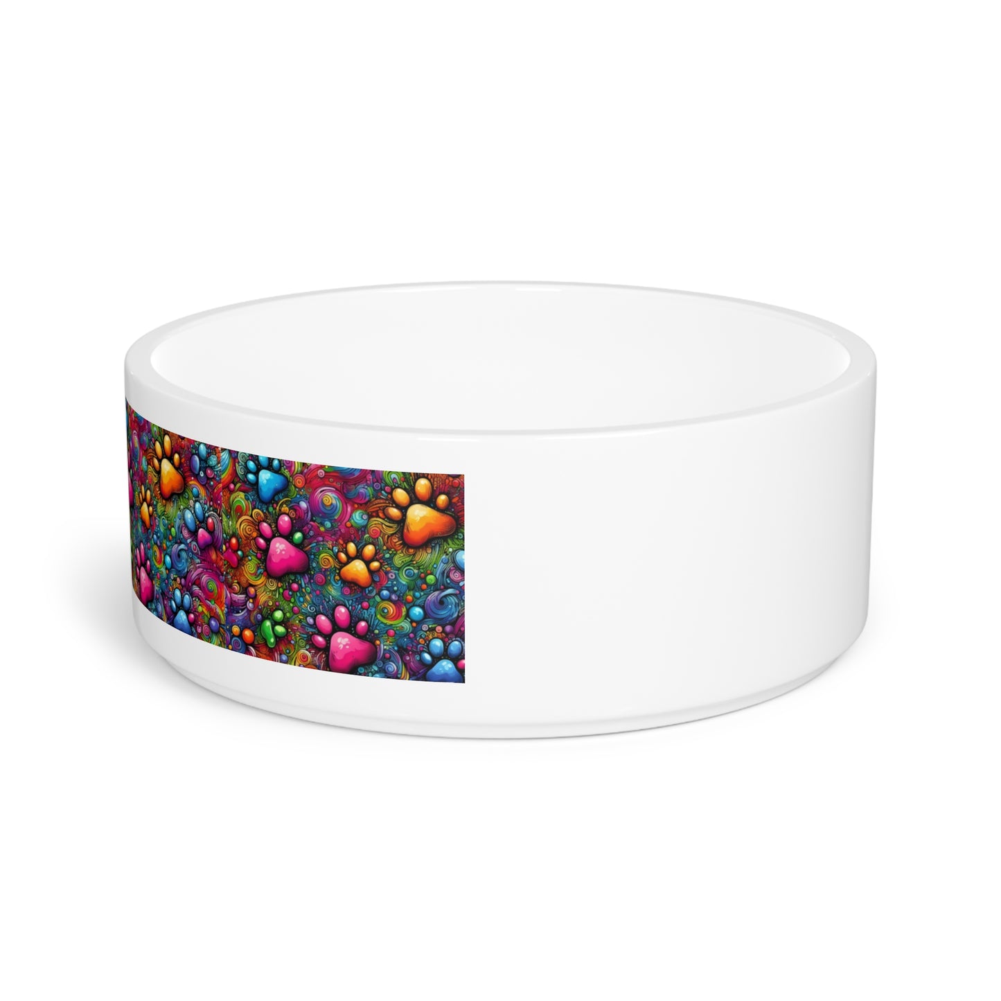 Colorful Paw Print Pet Bowl — Rainbow Heart & Paw Ceramic Bowl for Dogs & Cats
