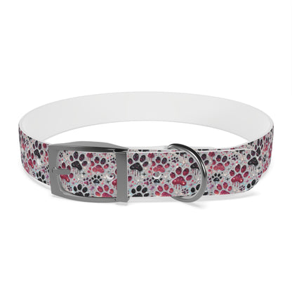 Personalized Paw Print Dog Collar — Custom Name & Phone Number, Cute Pink Gray Pet Collar
