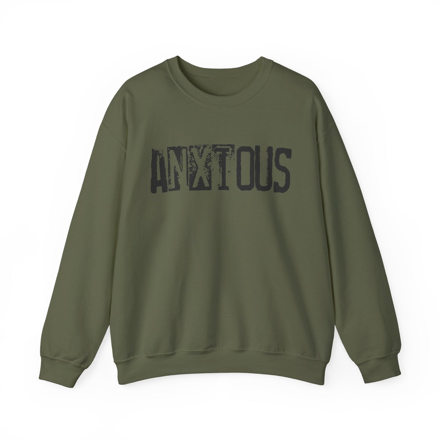 Anxious Graphic Sweatshirt — Distressed Text Crewneck for Anxious Vibes