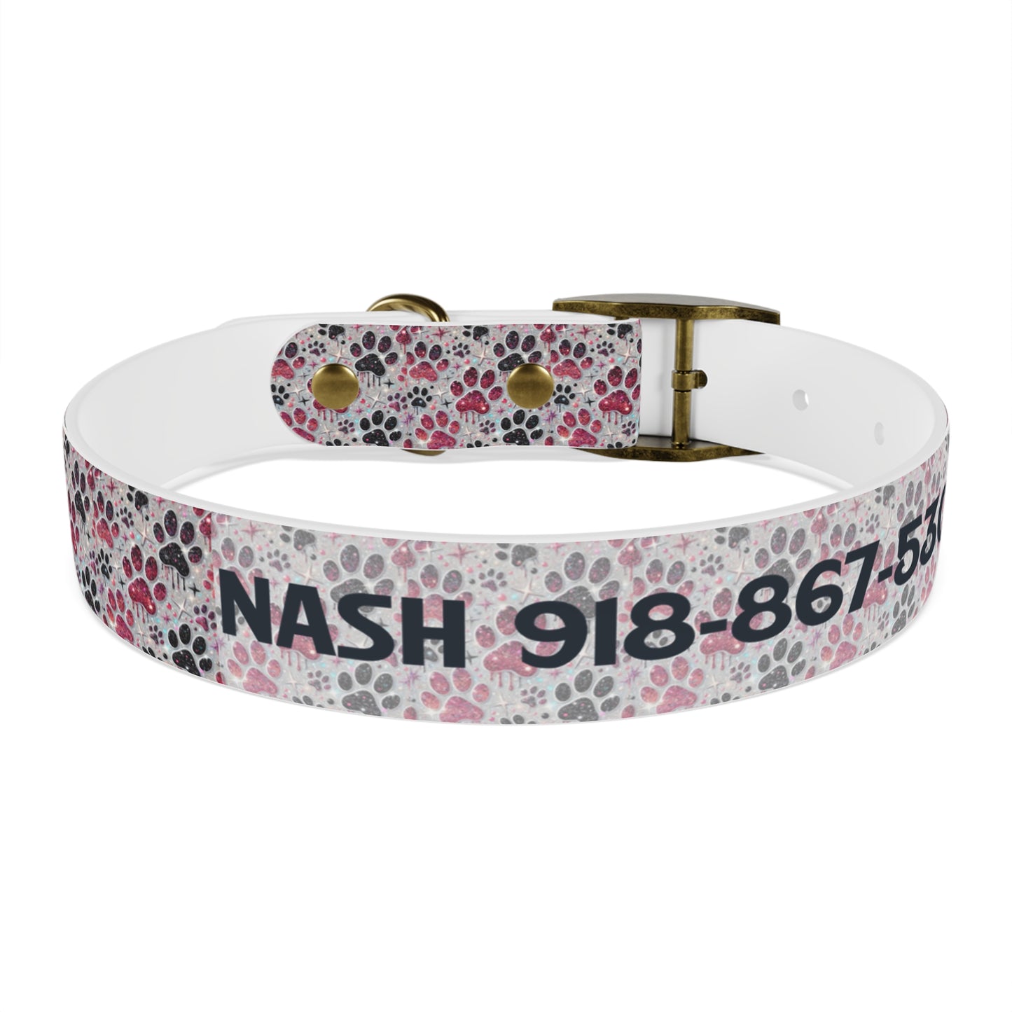 Personalized Paw Print Dog Collar — Custom Name & Phone Number, Cute Pink Gray Pet Collar