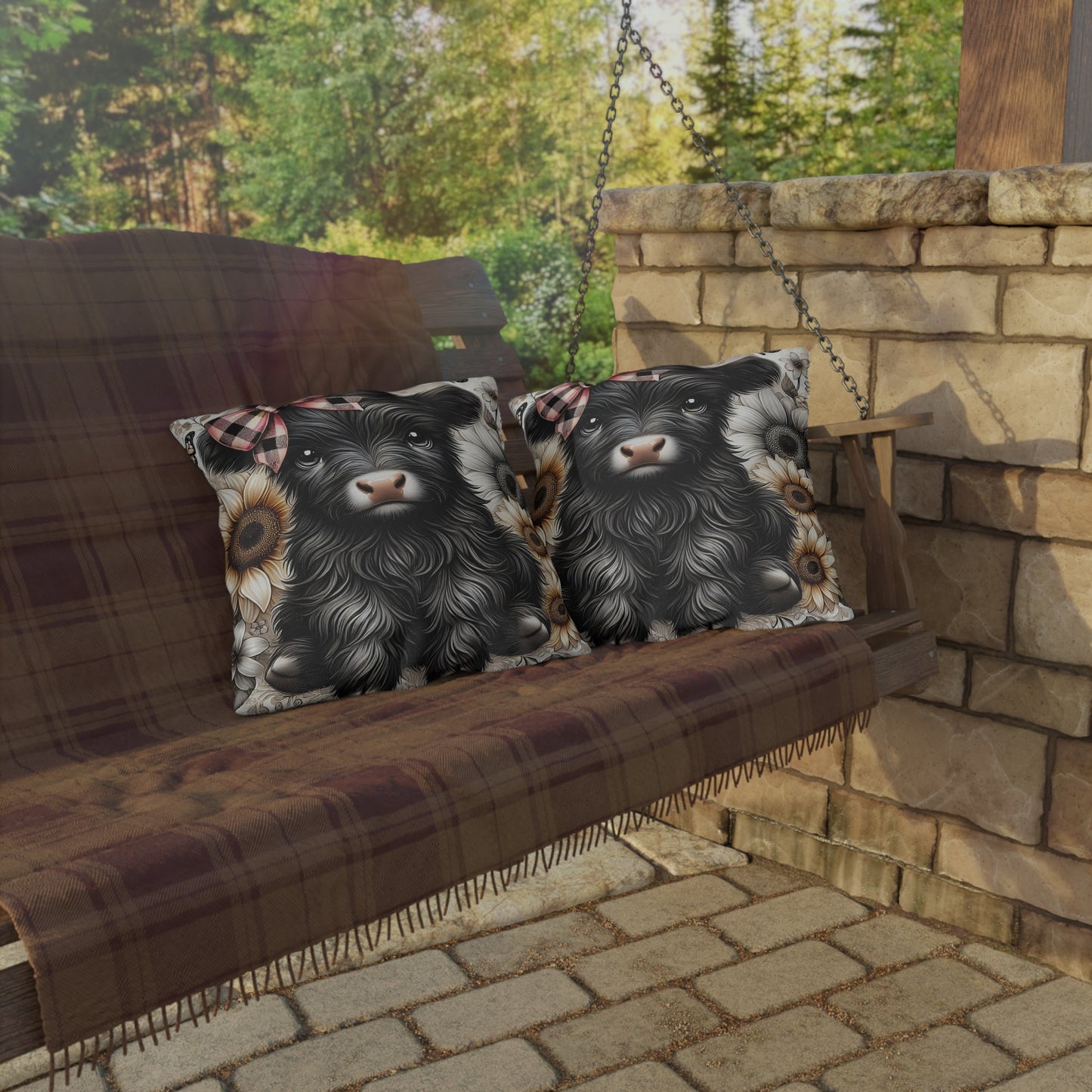 Highland Cow Outdoor Pillow — Cute Cow with Plaid Bow & Sunflowers
