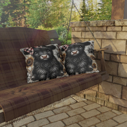 Highland Cow Outdoor Pillow — Cute Cow with Plaid Bow & Sunflowers