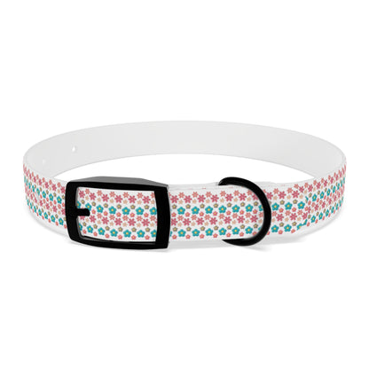 Personalized 3D Floral Dog Collar — Custom Name & Phone Number, Pink Teal Paw-Print Pattern
