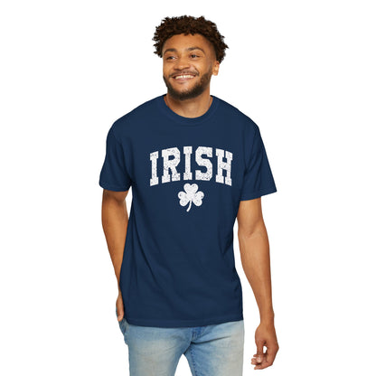 Irish Shamrock T-Shirt — Vintage Green 'IRISH' College Tee for St. Patrick's Day