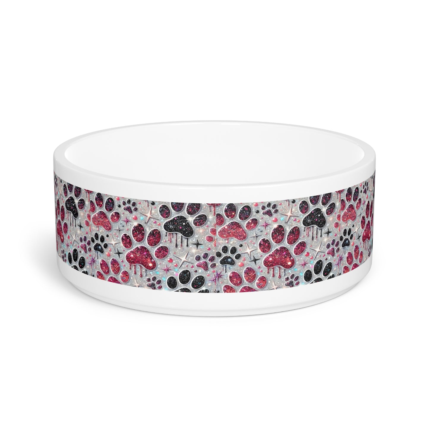 Glitter Paw Print Ceramic Pet Bowl — Pink & Black Glitter Paw Pattern